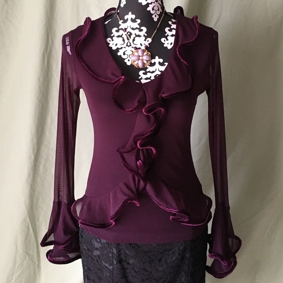 Vintage Tops - Vintage 90's Purple Velvet Trim Silky Blouse XS